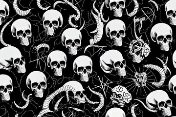 seamless pattern with goat head, human skulls, esoteric and occult symbols on an old paper backdrop. Hand drawn 2d illustration background on theme of satanism, black magic, occultism in grunge style