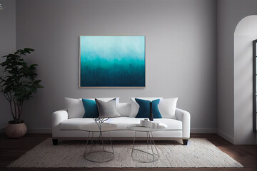 Wall Mural - Interior living room, empty frame in wall mockup in white and scandinavian colors room with wooden furniture. Bright living room interior with white empty wall. 3D rendering, illustration.