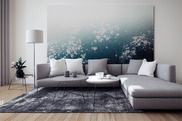 Wall Mural - Interior living room, empty frame in wall mockup in white and scandinavian colors room with wooden furniture. Bright living room interior with white empty wall. 3D rendering, illustration.