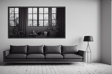 Wall Mural - Interior living room, empty frame in wall mockup in white and scandinavian colors room with wooden furniture. Bright living room interior with white empty wall. 3D rendering, illustration.