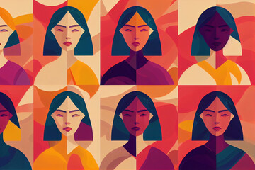 Wall Mural - Pattern with female portraits of various nationalities and cultures. Happy International Women's Day. Repeatable background with women of different cultures and ethnicity. Flat vector illustration