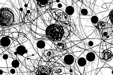 Poster - Organic irregular circular lines 2d illustration seamless pattern. Hand drawn black and white organic shapes and circles texture. Biological grunge squiggle lines, structure of natural cells. Dry