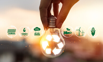 Wall Mural - Hand holding light bulb with recycle symbol inside against with icons energy sources for renewable, sustainable development.