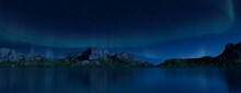 Majestic Sky With Aurora And Stars. Green Northern Lights Background With Copy-space.