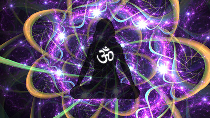 Wall Mural - Silhouette of a girl in Lotus position on the background of the fractal universe. A state of trance and deep meditation. A spiritual journey in the universe.