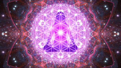 Wall Mural - Silhouette of a girl in Lotus position on the background of the fractal universe. A state of trance and deep meditation. A spiritual journey in the universe.