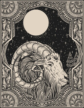 Illustration Vintage Goat With Engraving Style