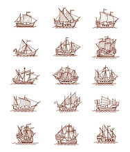 Isolated Vintage Sail Ships And Sailboats. Old Vessel Sketches Of Ancient Nautical Map. Vector Sailing Boats And Ships, Old Caravels, Antique Galleons, Yacht And Frigates With Sea Waves, Sails, Ropes