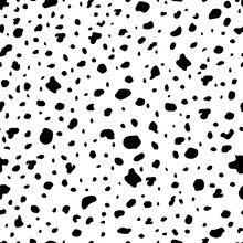 Dalmatian Or Cow Seamless Pattern, Vector Background With Black Stains On White Backdrop. Detailed Animal Spotted Skin, Dog Fur Spots. Print For Textile, Game Texture, Fabric Or Pattern
