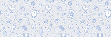 Baby Boy Seamless Pattern In Blue Colors. Vector Cartoon Illustration