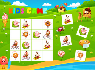 Wall Mural - Sudoku game. Cartoon cheerful desserts, sweets, cookie and cake characters. Logical riddle, child rebus book vector page or kids sudoku game worksheet with funny marshmallow, cupcake and pancake