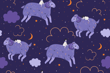 Wall Mural - Seamless pattern with girls and sheep. Vector graphics.