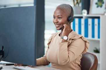 Sticker - Call center, contact us and happy consultant in communication, helping and talking in customer services. Smile, telemarketing and black woman networking and speaking to a client at a support desk