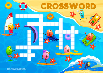 Poster - Crossword quiz game grid, cartoon vitamin and mineral characters on beach vacation, vector worksheet. Kids crossword game with selenium on paddle board, iron pill on kayak and natrium or water scooter