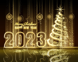 Merry Christmas and Happy New Year 2023, tree gold lights dust decoration, golden blurred magic glow on dark background. Merry Christmas holiday celebration. Vector illustration banner greeting card