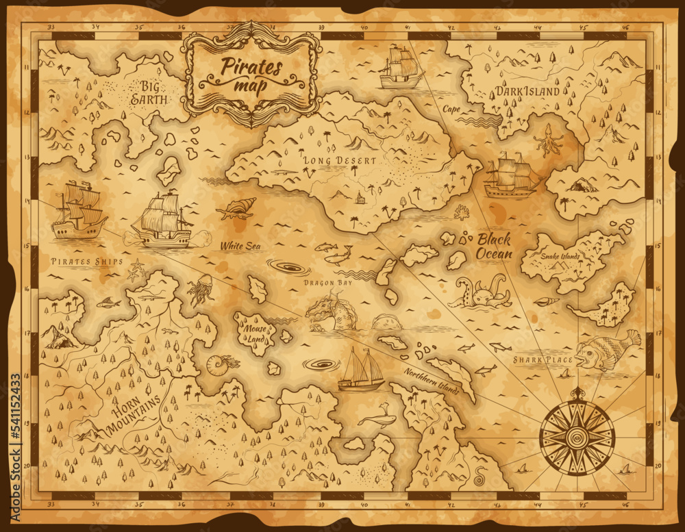 Old Pirate Treasure Map Vintage Parchment Paper With Vector Island Old Pirate Treasure Map Vintage Parchment Paper With Vector Island