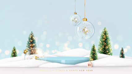 christmas background with cylindrical podium for promotions. round stage for presentation sale produ