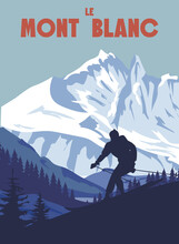 Mont Blanc Ski Resort Poster, Retro. Alps Winter Travel Card