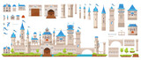 Knight stone castle and fortress constructor kit, vector gate tower and turret, bridge and fort walls. Castle or palace building constructor kit, medieval kingdom game or citadel architecture elements