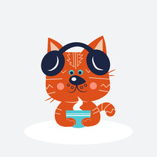 Cute Cat With Headphones And Hot Tea On White Background