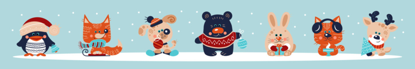 Set of cute animals on light blue background. Christmas celebration