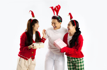 Asian people woman and man celebrate Merry Christmas on white background.