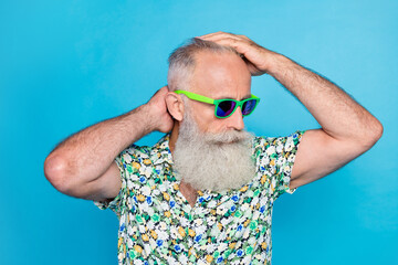 Poster - Closeup photo of old macho excited serious man white beard mustache barber hairstyle wear sunglass relax weekend isolated on blue color background