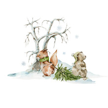 Watercolor Nursery Composition. Hand Painted Christmas Woodland Of Cute Baby Animals In Wild, Forest Winter Scene, Snow, Bear, Squirrel. Illustration For Baby Shower Design, Kids Print, Wall Art