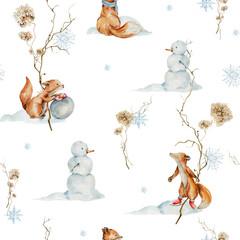 Watercolor nursery seamless pattern. Hand painted woodland cute baby animals in wild, forest winter, snowflake, fox. Christmas illustration for baby wallpaper, wall art decor, fabric, print