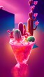 AI generated hyper-realistic vertical art illustration of cacti in a glass of a colorful drink