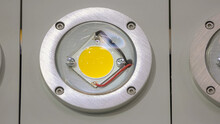 Close-up Round Cree Led Chip In The Metal Frame. Round Metal Panel.