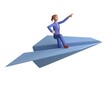 © Оля Палац - Business woman standing on a paper airplane. Career success, promotion, goal achievement. Concept of leadership. 3d rendering