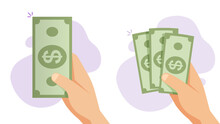 Money Cash Hand Giving Icon Vector Illustrated, Isolate Paper Dollar Banknote Paying Graphic, Currency Change Or Exchange Amount Idea, Person With Salary Or Wages, Pocket Spending Money Image