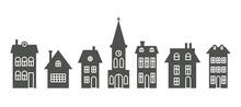 Silhouette Of Cottages And Church In Neighborhood. Set Of Houses On Suburban Street. Countryside Cottages. Glyph Vector Illustration.