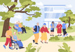 Park near nursing home with elder patients and visitors. Group of old people walking, nurse carrying senior man in wheelchair flat vector illustration. Sanatorium treatment, elderly care concept