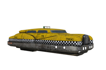 a futuristic flying yellow taxi cab. 3d illustration isolated on transparent background.