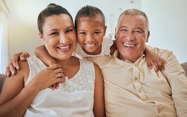 Canvas Print - Family, portrait and grandmother with grandfather hug in home with excited and happy grandchild. Affection, happiness and grandparents enjoying leisure in Indonesia family home with little girl.