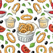 Vector seamless pattern: appetizing onion rings, red and white sauces, fresh green basil leaves, black olives on white, Design for textile, wrapping paper, table cover, menu.