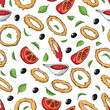 Vector seamless pattern: appetizing onion rings, sliced tomatoes, fresh green basil leaves, black olives, red sauce on white. Design for textile, wrapping paper, wallpaper, menu fast food cafe.