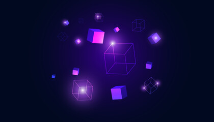 Wall Mural - Abstract Square Box Concept Digital Technology Futuristic Modern Cryptocurrency Blockchain Connection Network On Purple Background