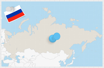 Wall Mural - Map of Russia with a pinned blue pin. Pinned flag of Russia.