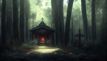 Dark, Grim, Misty And Horror Shrine In The Woods