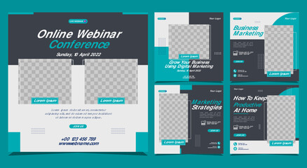 Creative design collection of social media story post templates on a dark purple gradient background. It is suitable for business webinar, marketing webinar, online class program, etc.