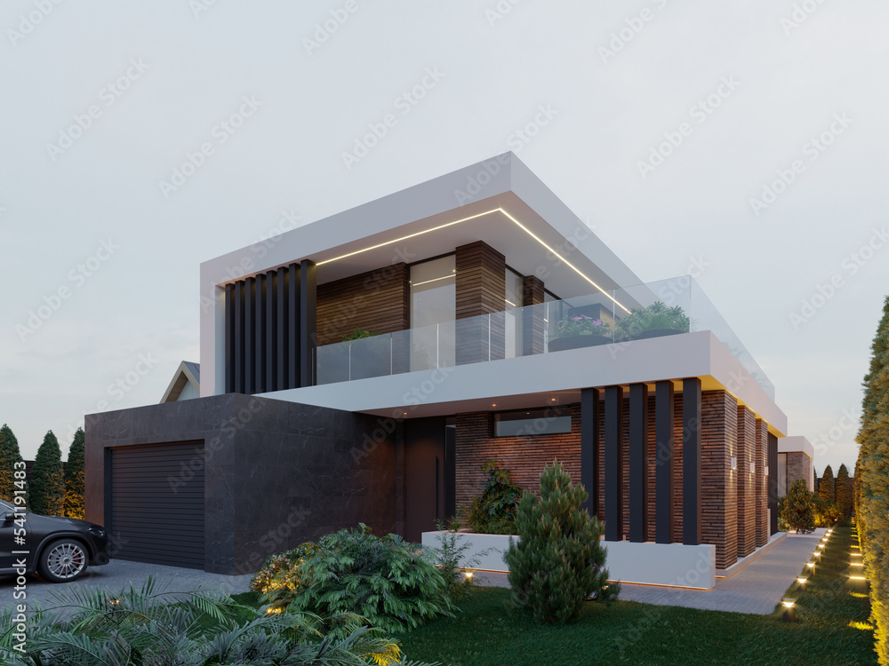 3D visualization of a house with panoramic windows, a terrace and a courtyard. House with a carport