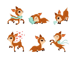  Cute Brown Fawn or Baby Deer Sleeping on Pillow, Wearing Scarf, Jumping and Smelling Flower Vector Set