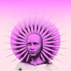 Poster - Vector 3D illustration of a bald woman with a halo made of particles.
