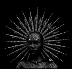 Aufkleber - Vector 3D illustration of a bald woman with a halo made of particles.