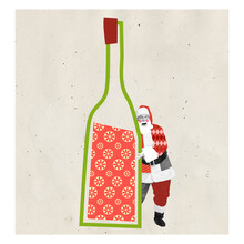Contemporary Art Collage. Cheerful Senior Man In Image Of Santa Claus Standing Near Giant Bottle With Sweet Drink