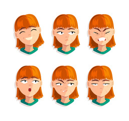 Poster - Cute Redhead Woman Head with Different Facial Expression Vector Set