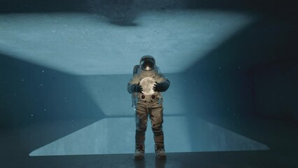 Wall Mural - Astronaut in space suit holding the moon, shadows and light moving on the wall. Dark sci-fi interior. 3D animation.